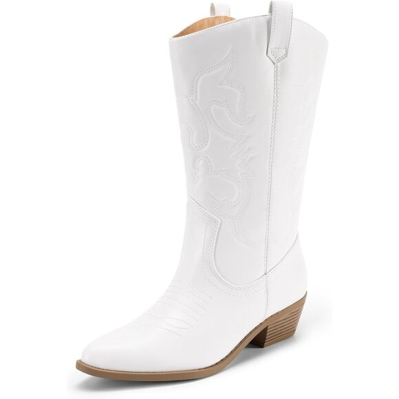 Women's White Pointed Toe Pull On Wide Calf Pu Chunky Low Heel Cowgirl Boots - Picture 1 of 7